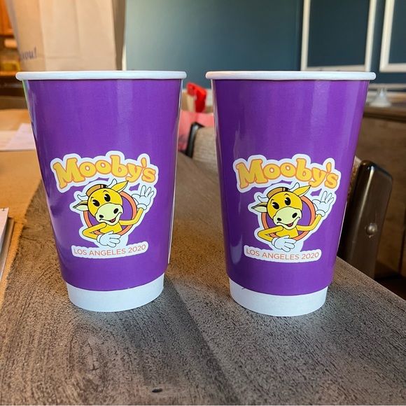 Mooby’s Other - Two Mooby’s purple paper cups from Los Angeles 2020 pop-up